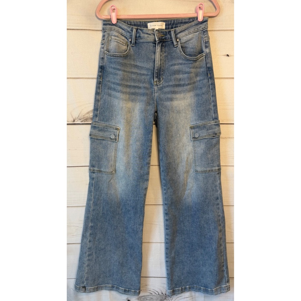 Risen Jeans Women Medium Wash High Rise Wide Leg Cargo Utility Denim Pants 7/28